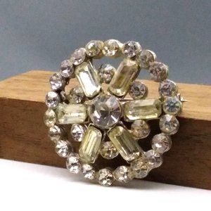 Estate Baguette Foil Back Crystal Brooch Rimmed with Center Cut Stones
